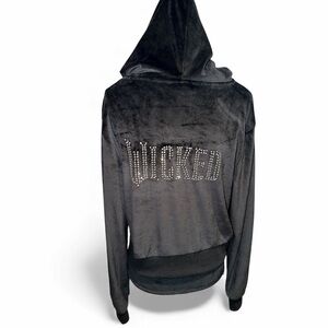 WICKED Velour Black Crystal Zip Up Hoodie Sweater Cropped Women’s Size Medium